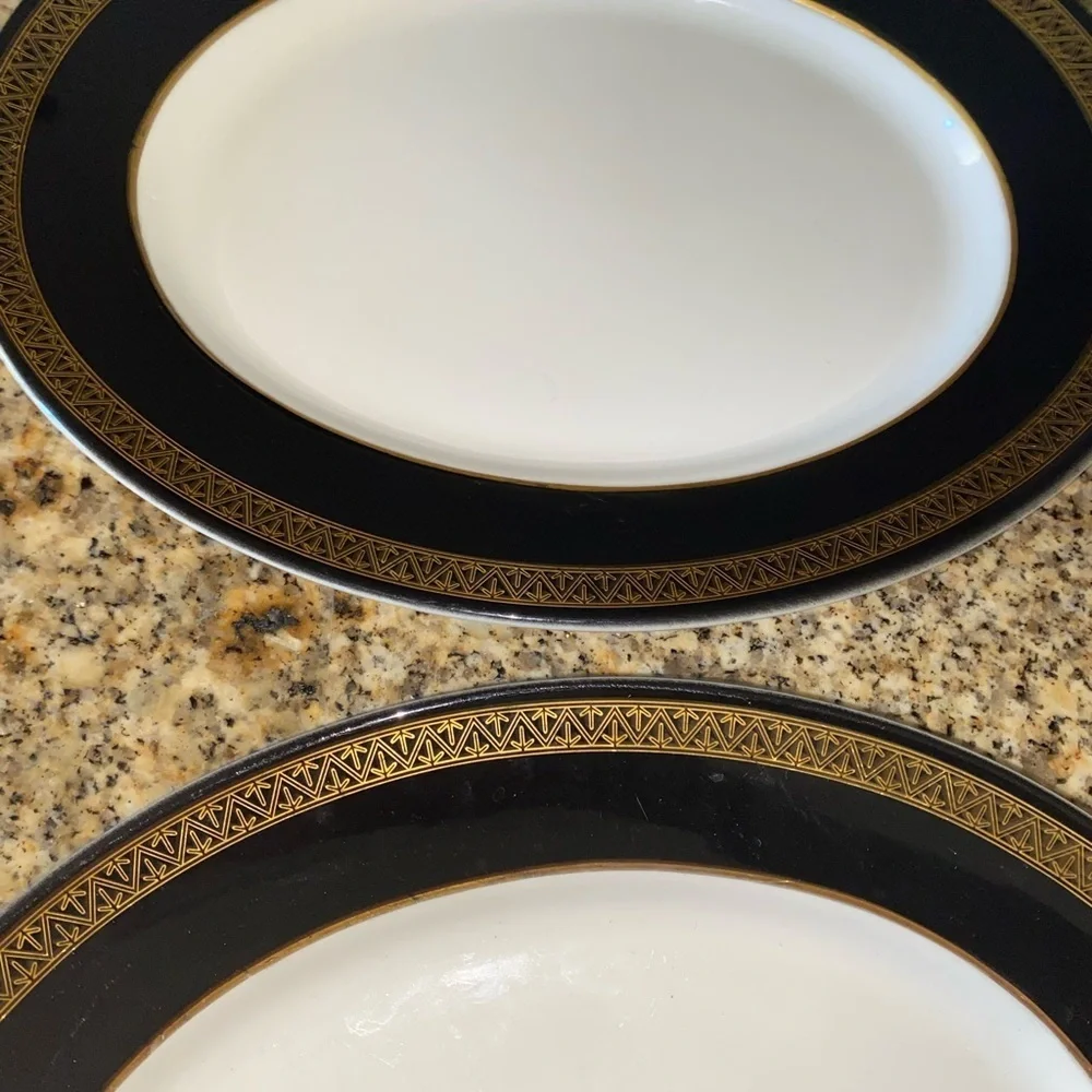 2 Mid Century Modern Shenango China Grecian Gold Black Band Oval Plates 12”x 9.5